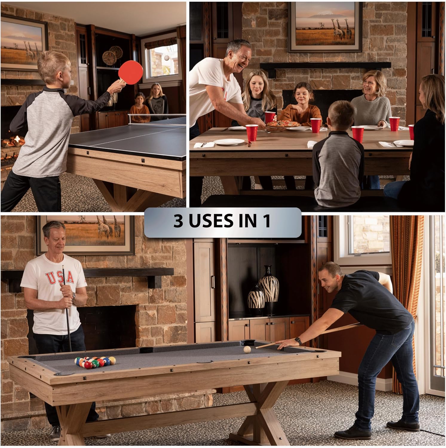7' 3 in 1 Multi Game Pool Table with Dining Top Pool Ping Pong Table Combo with Dual Storage Bench Seating. Includes Billiards